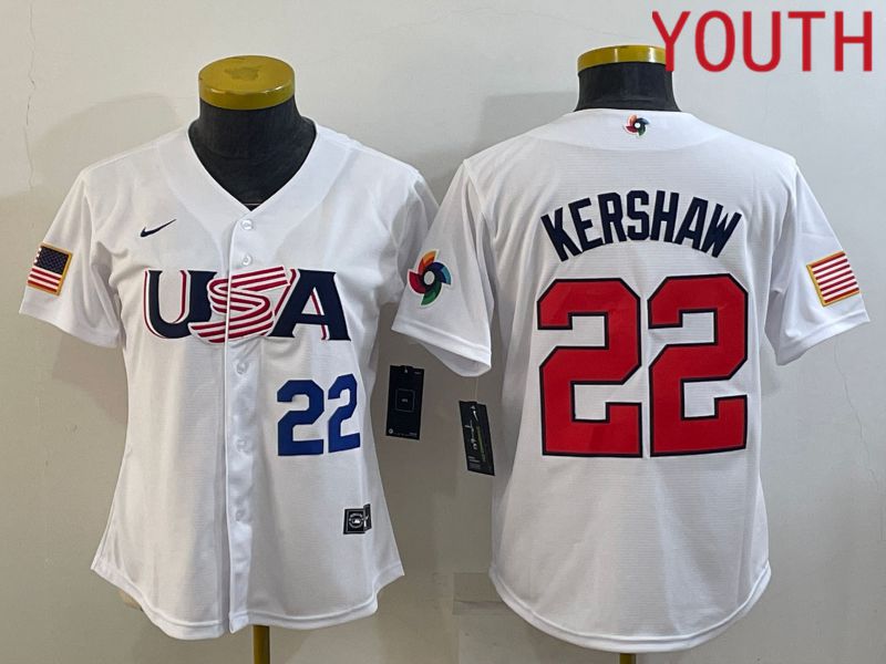 Youth 2023 World Cub USA 22 Kershaw White MLB Jersey5